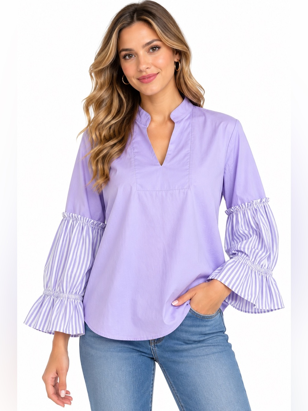 Harsman Lilac Split-Neck Tunic with Striped Ruffle Sleeves NWT